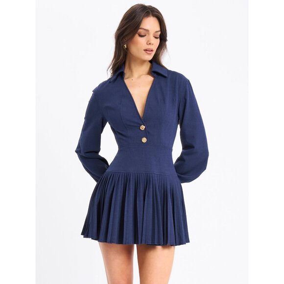 Val Navy Blue Denim Style Pleated Mini Dress - Picture 5 of 16